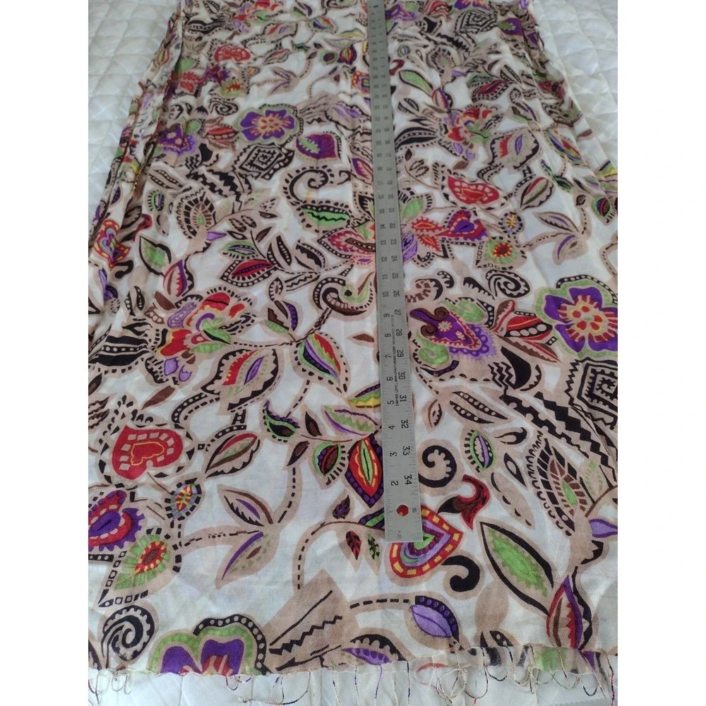 TOLANI Women 100% Silk Scarf Shawl Purple Multi Geometric Fringe Floral Ethnic